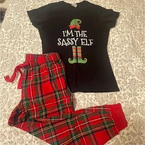Old Navy plaid pajama joggers size small and a women’s small Sassy Elf T-shirt.